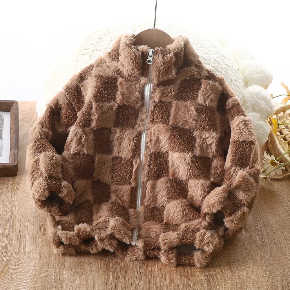 Kids' Checkerboard Plush Fleece Jacket — 6 Colourways — Brown, front view
