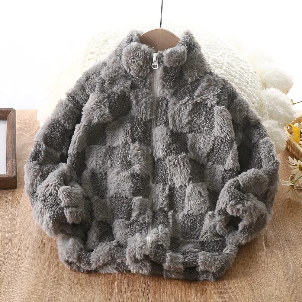 Kids' Checkerboard Plush Fleece Jacket — 6 Colourways — Grey, front view