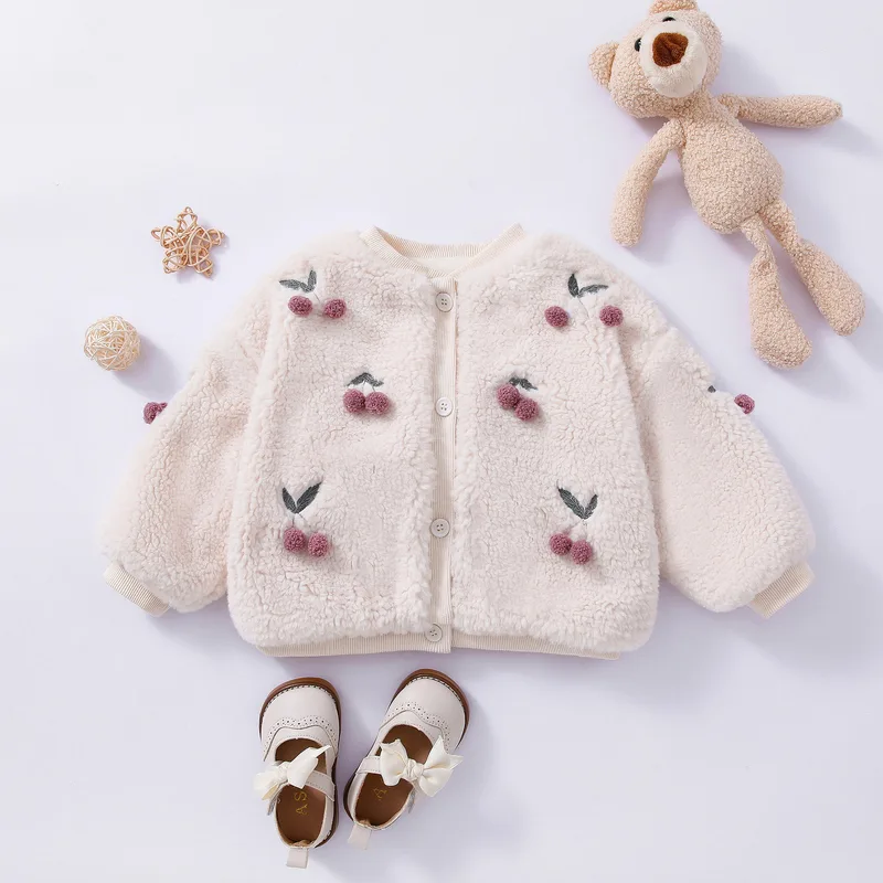 Kids' Cherry Fleece Button Jacket — Cream — Cream White, front flat lay