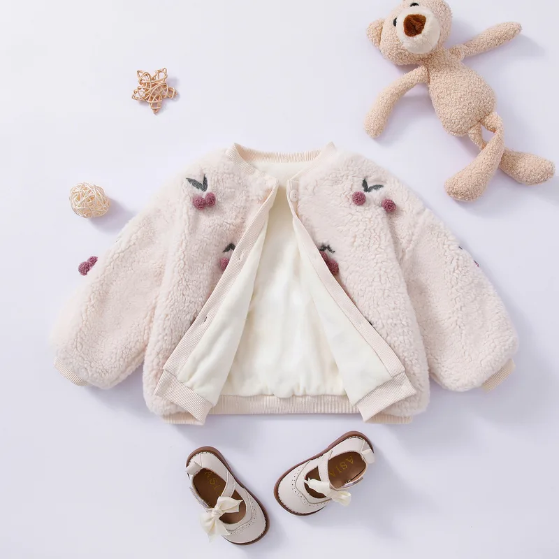 Kids' Cherry Fleece Button Jacket — Cream — Cream White, open front view
