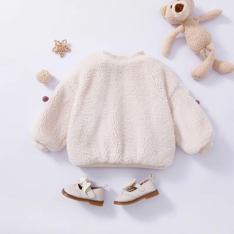 Kids' Cherry Fleece Button Jacket — Cream — Cream White, back view