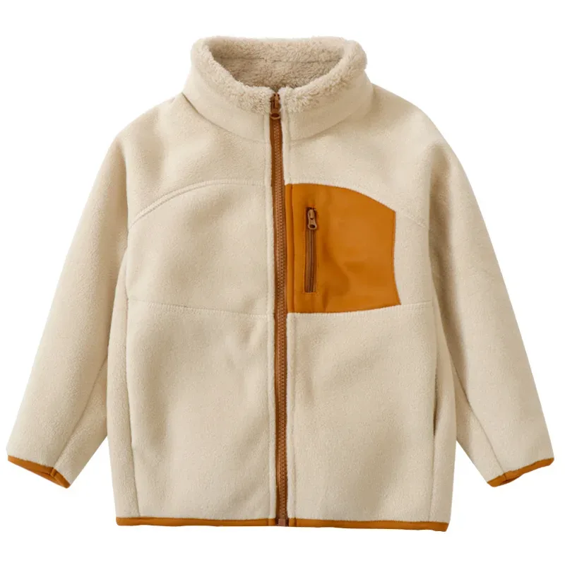 Kids' Fleece Jacket with Contrast Chest Pocket — 5 Colourways — Khaki, front view