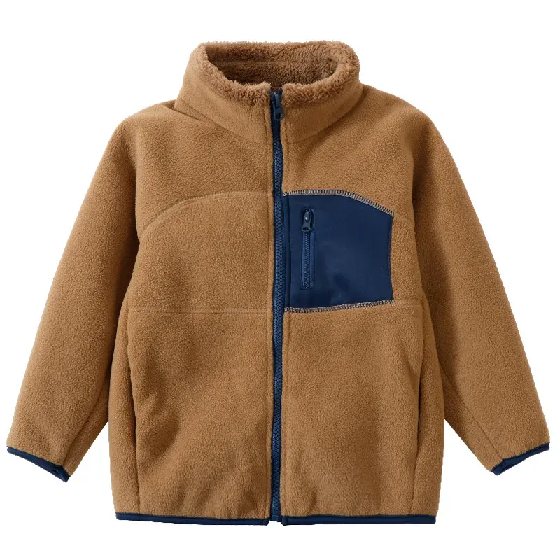 Kids' Fleece Jacket with Contrast Chest Pocket — 5 Colourways — Deep Coffee, front view