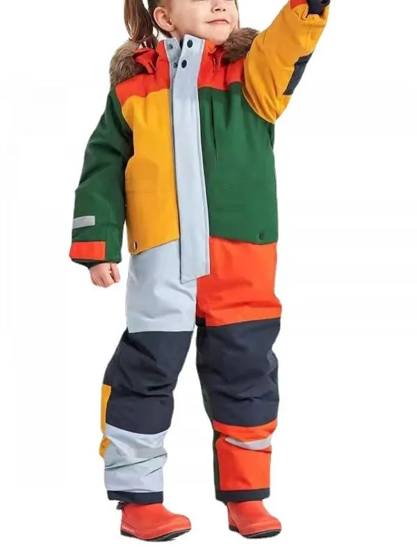 Kids' colour-block one-piece ski suit — Orange-Red Colour-Block