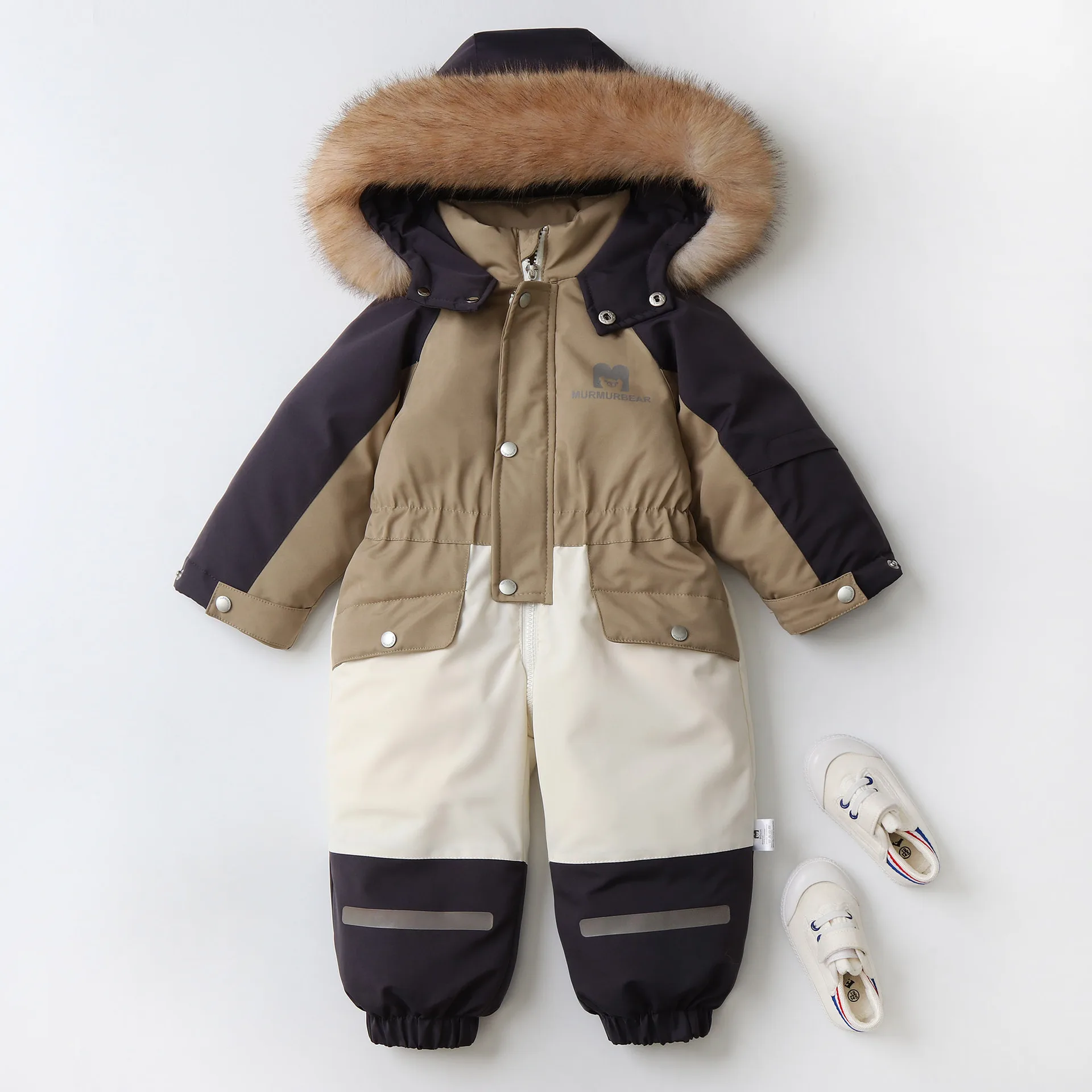 Kids' colour-block plush romper — Khaki Colour-Block, front