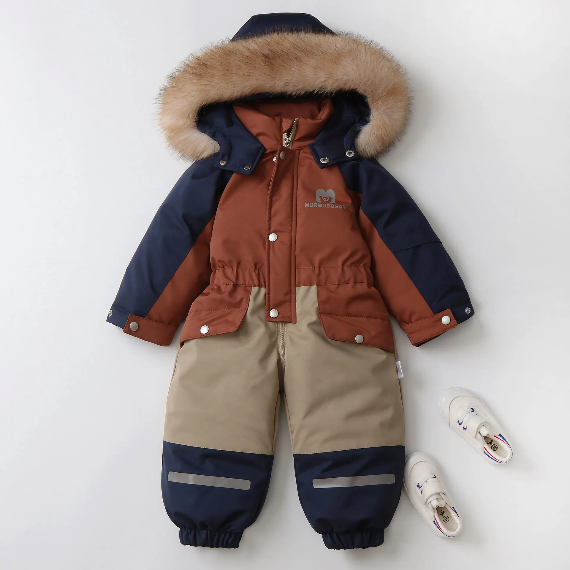 Kids' colour-block plush romper — Rust Colour-Block, front