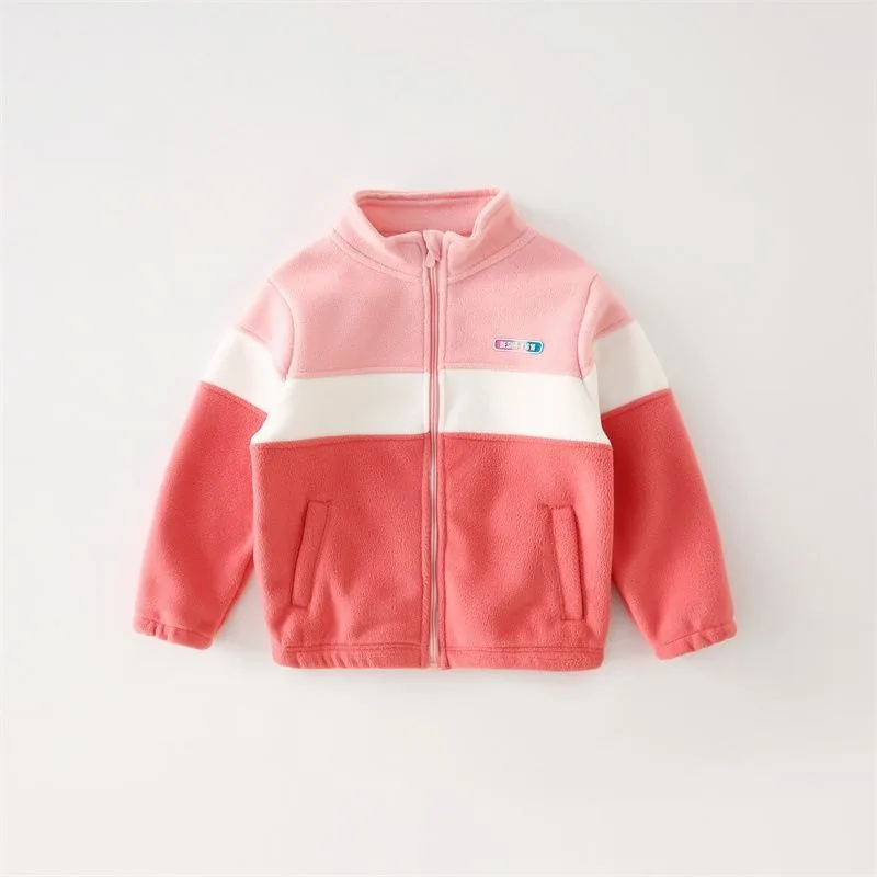 Kids' Colour-Block Polar Fleece Jacket — 4 Colourways — Coral Pink, front view