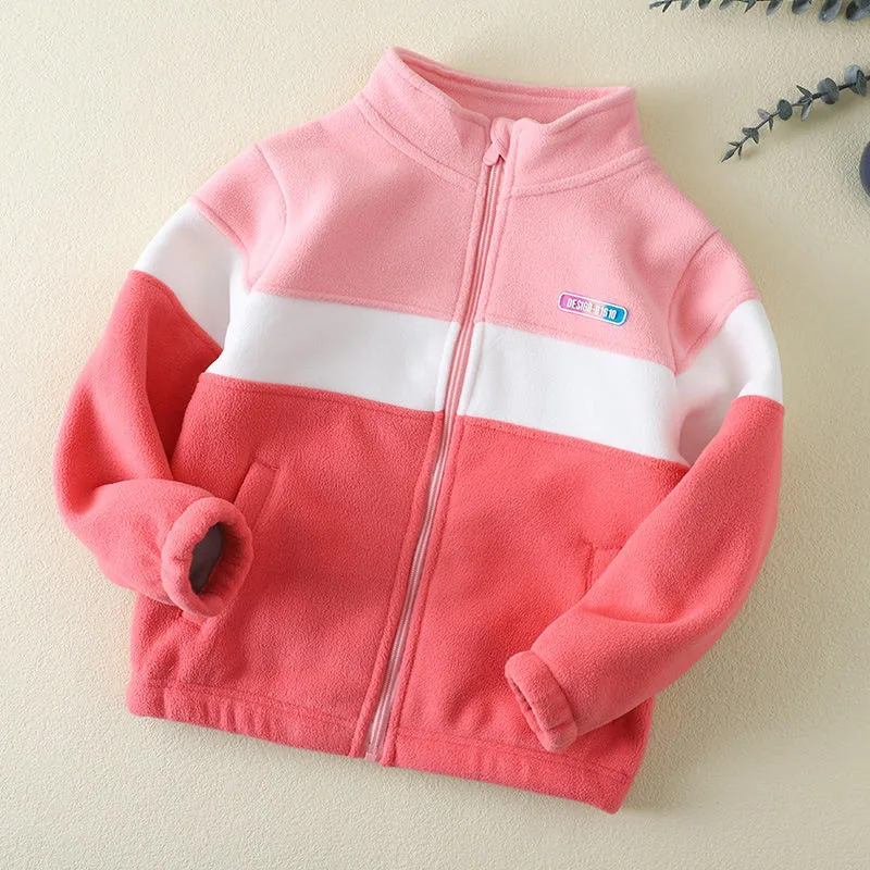 Kids' Colour-Block Polar Fleece Jacket — 4 Colourways — Coral Pink, angled view