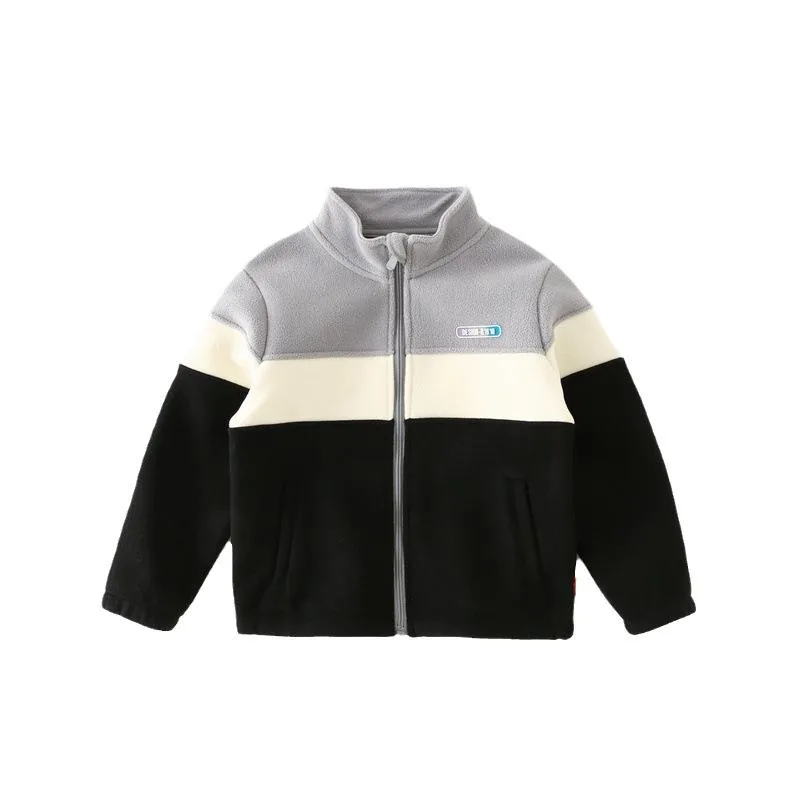 Kids' Colour-Block Polar Fleece Jacket — 4 Colourways — Black, front view