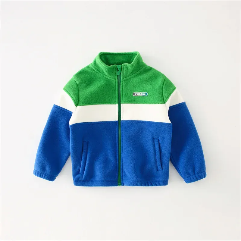 Kids' Colour-Block Polar Fleece Jacket — 4 Colourways — Royal Blue & Green, front view