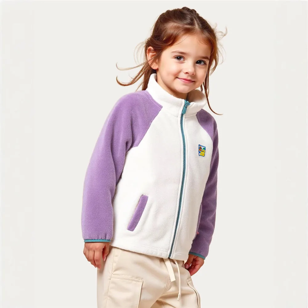 Kids' Colour-Block Raglan Fleece Jacket — 3 Colourways — Purple, worn front view