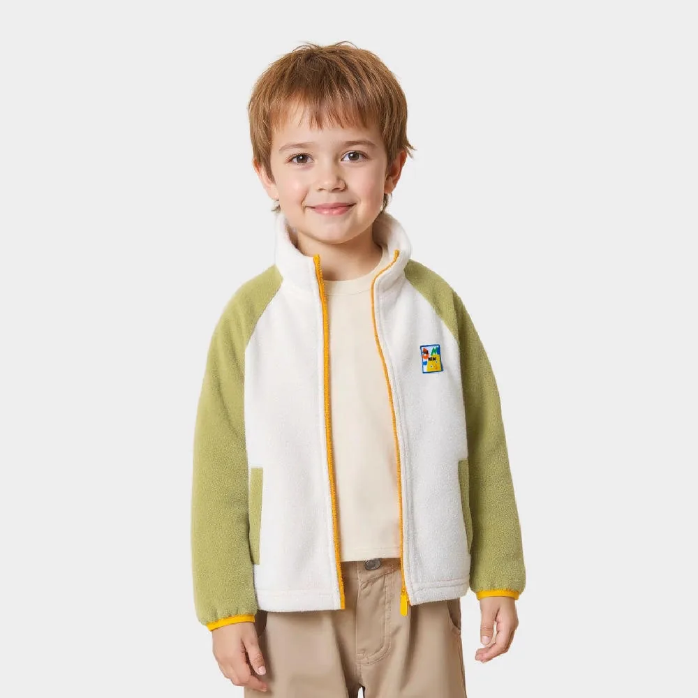 Kids' Colour-Block Raglan Fleece Jacket — 3 Colourways — Green, worn front view