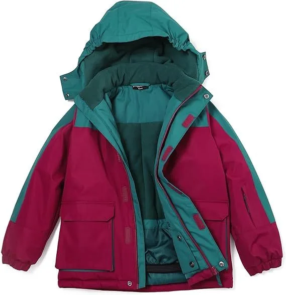 Kids' Colour-Block Ski Jacket — 1 Colourway — Raspberry & Teal, flat front view, open