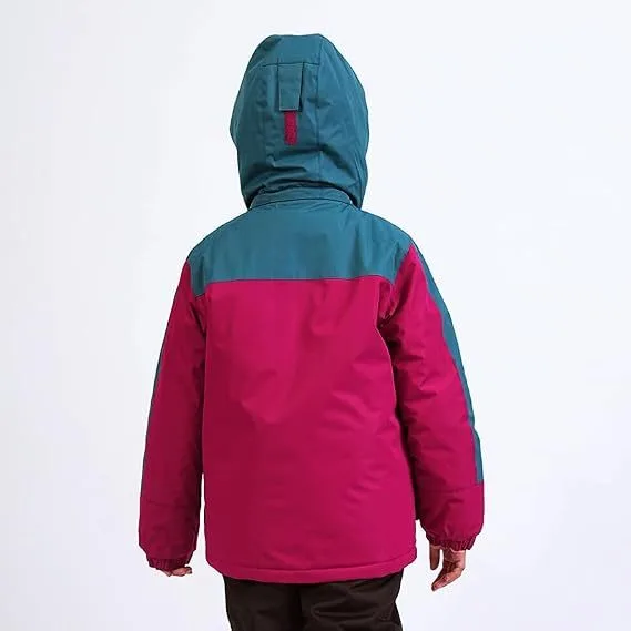 Kids' Colour-Block Ski Jacket — 1 Colourway — Raspberry & Teal, worn back view, hood up