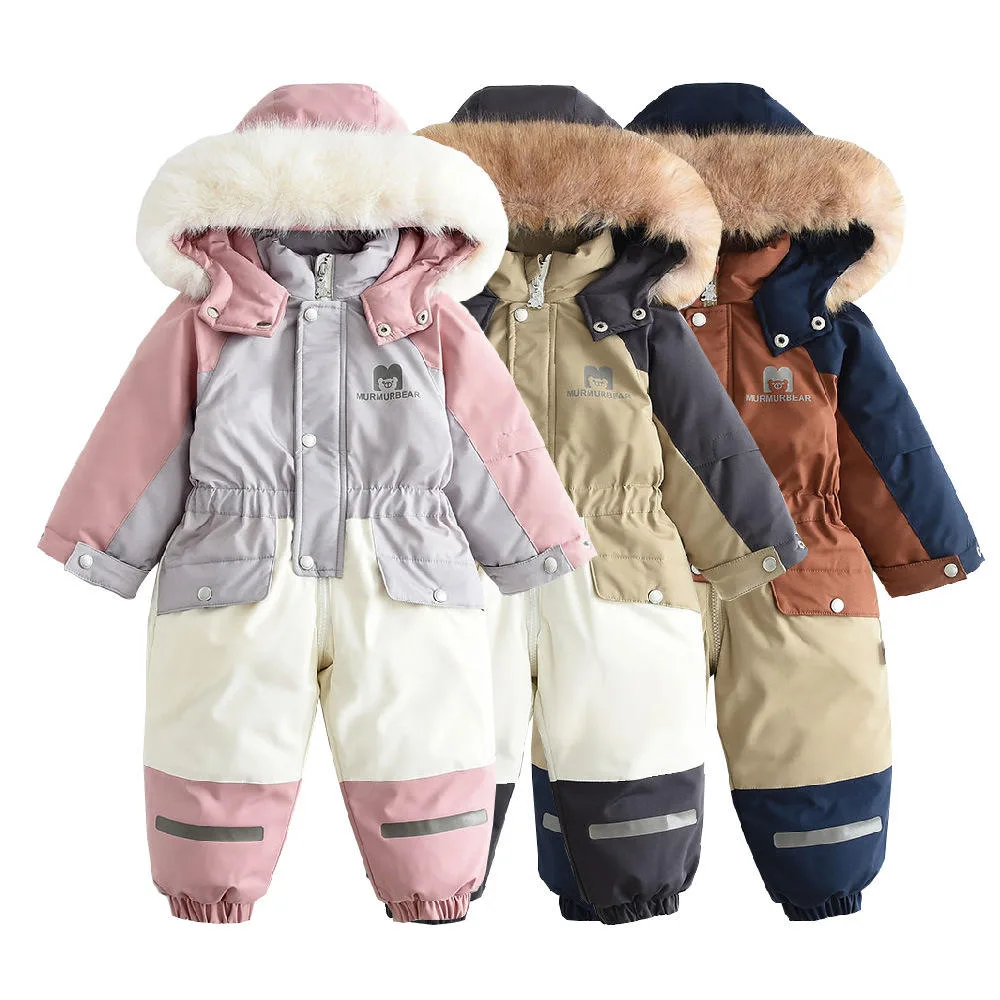 Kids' colour-block one-piece ski suit — Pink, Khaki and Orange colour-block colourways