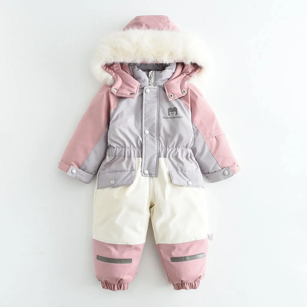 Kids' colour-block one-piece ski suit — Pink Colour-Block, front