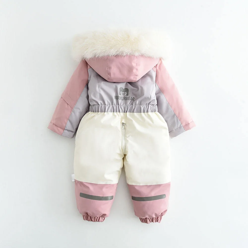 Kids' colour-block one-piece ski suit — Pink Colour-Block, back
