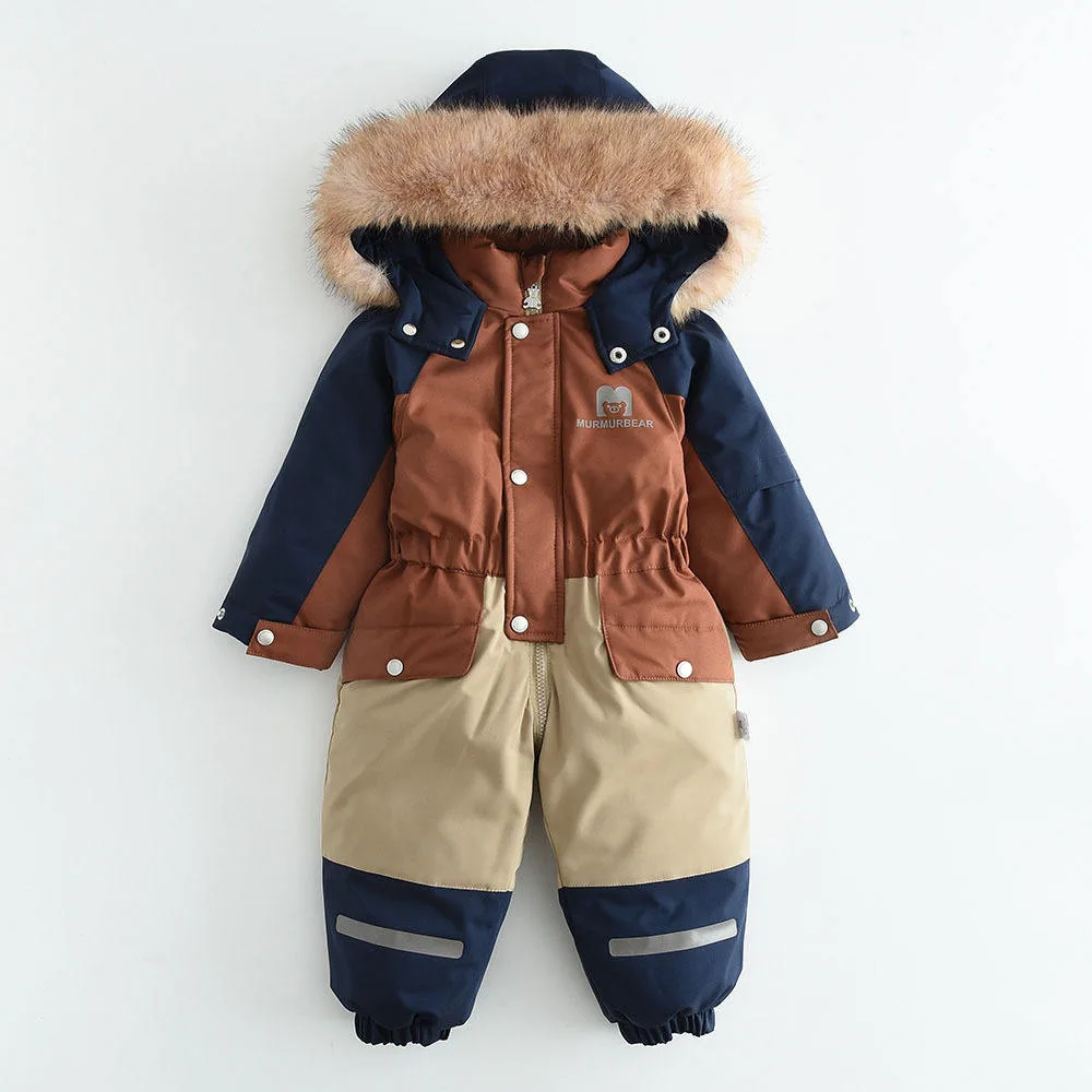 Kids' colour-block one-piece ski suit — Orange Colour-Block, front