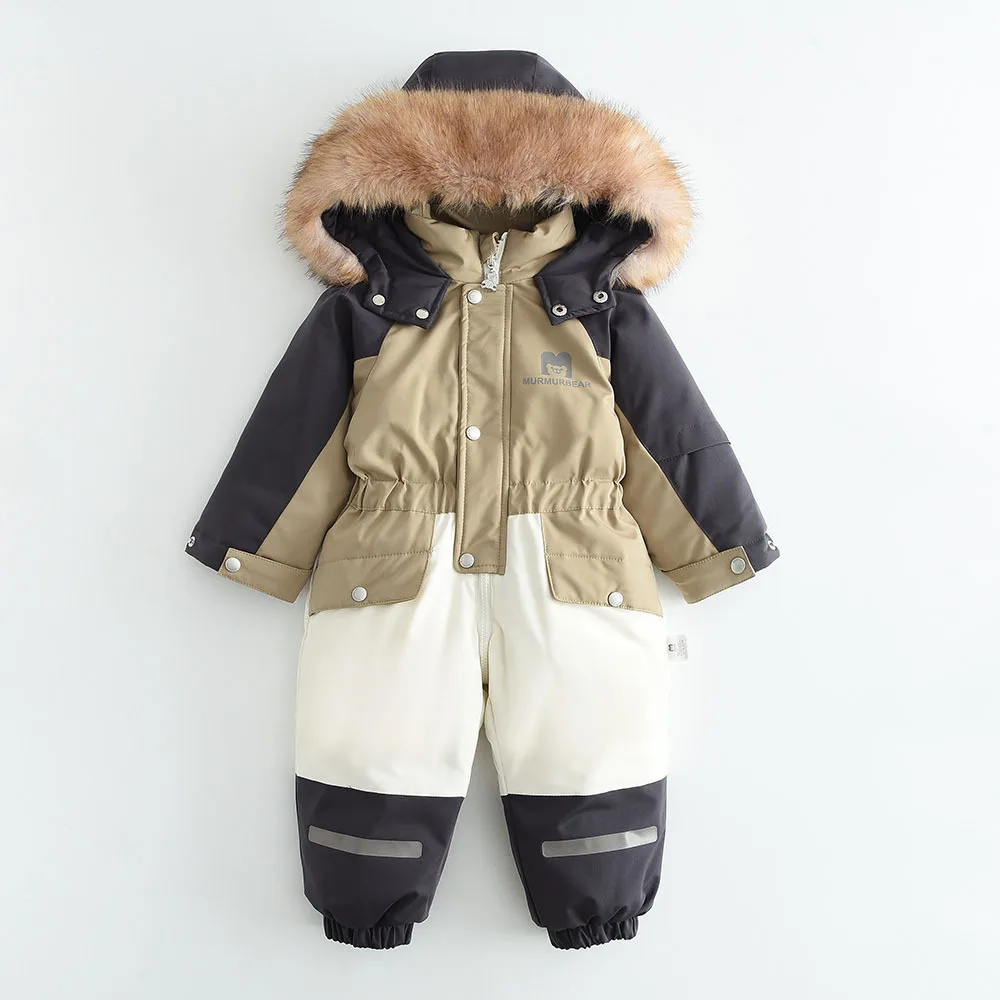 Kids' colour-block one-piece ski suit — Khaki Colour-Block, front