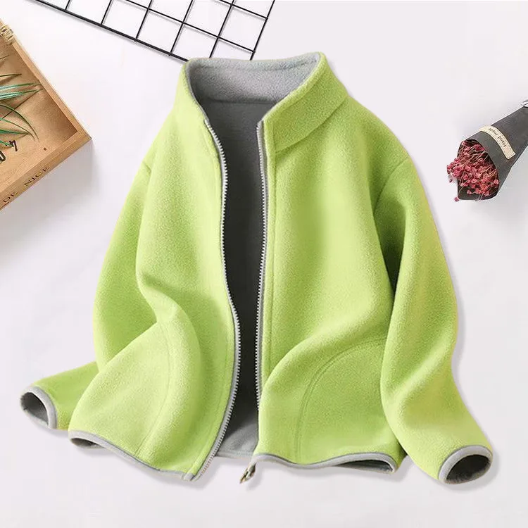 Kids' Fleece Zip Jacket with Contrast Lining — 5 Colourways — Green, open front view