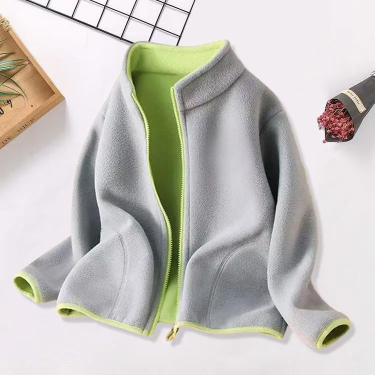 Kids' Fleece Zip Jacket with Contrast Lining — 5 Colourways — Dark Gray, open front view