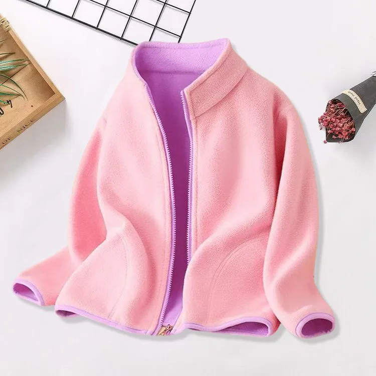 Kids' Fleece Zip Jacket with Contrast Lining — 5 Colourways — Pink, open front view