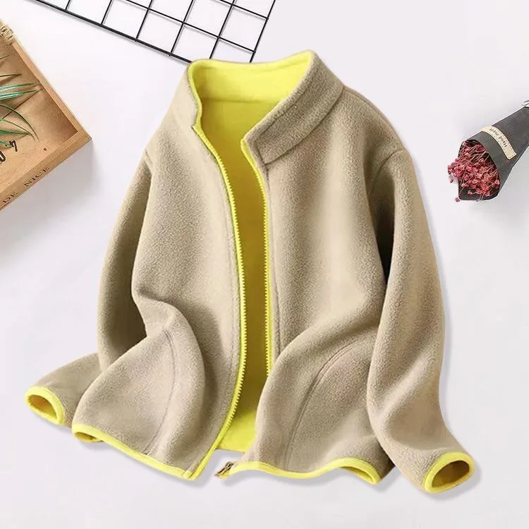 Kids' Fleece Zip Jacket with Contrast Lining — 5 Colourways — Khaki, open front view