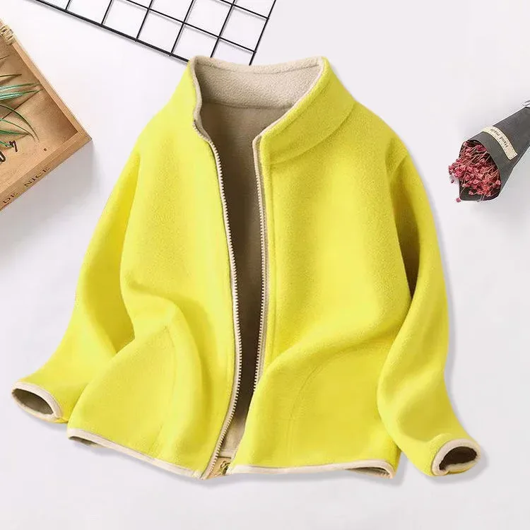Kids' Fleece Zip Jacket with Contrast Lining — 5 Colourways — Yellow, open front view