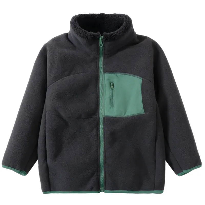 Kids' Contrast-Pocket Fleece Jacket — Family Sizes — Dark Gray, front