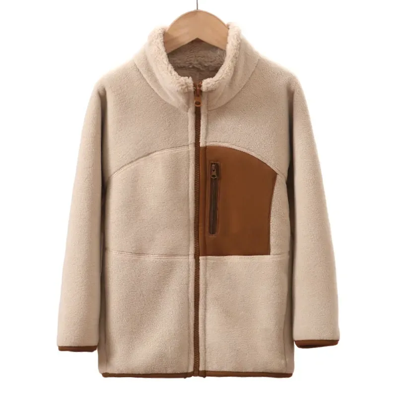 Kids' Contrast-Pocket Fleece Jacket — Family Sizes — Light Coffee, on hanger
