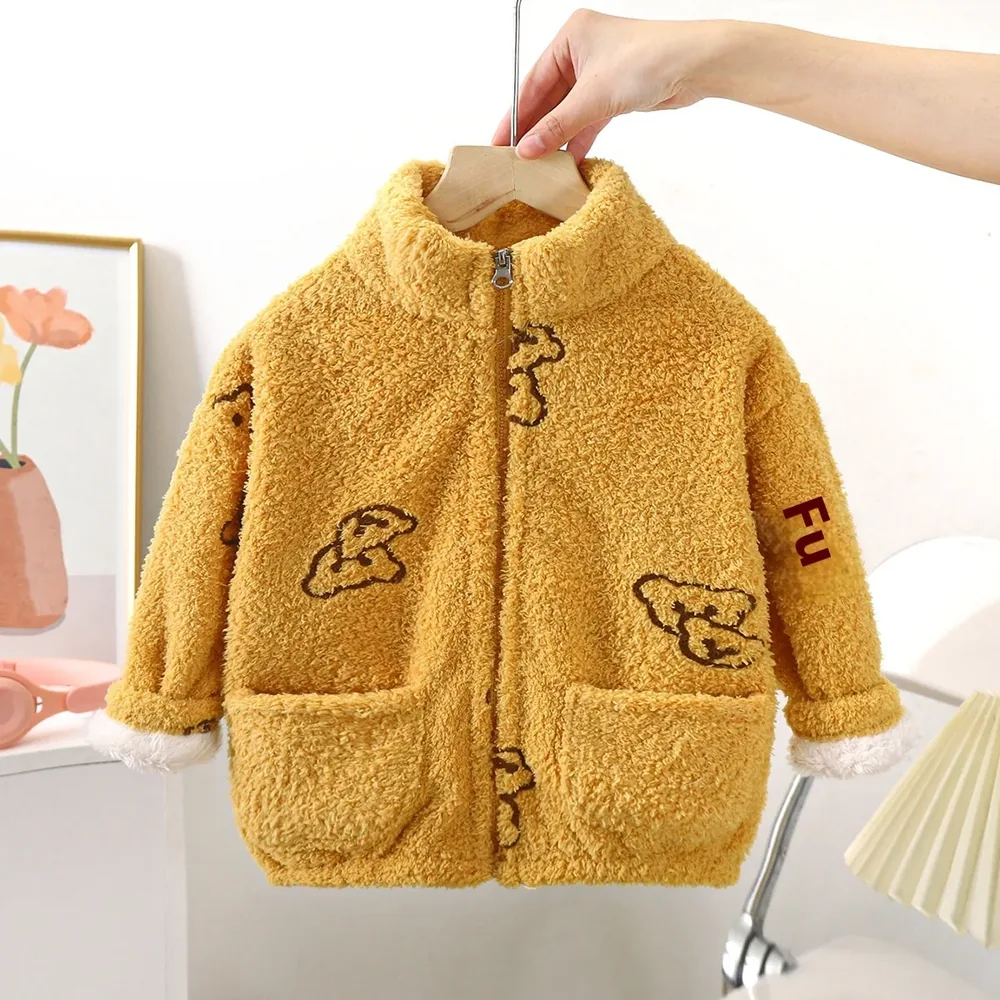 Kids' Coral Fleece Cartoon Zip Jacket — 6 Colourways — Mustard Yellow, front view