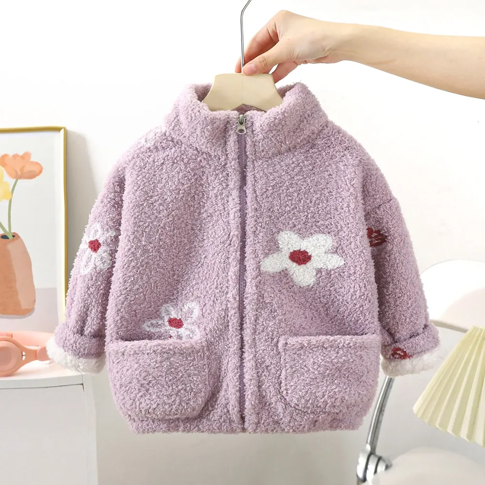 Kids' Coral Fleece Cartoon Zip Jacket — 6 Colourways — Purple, front view