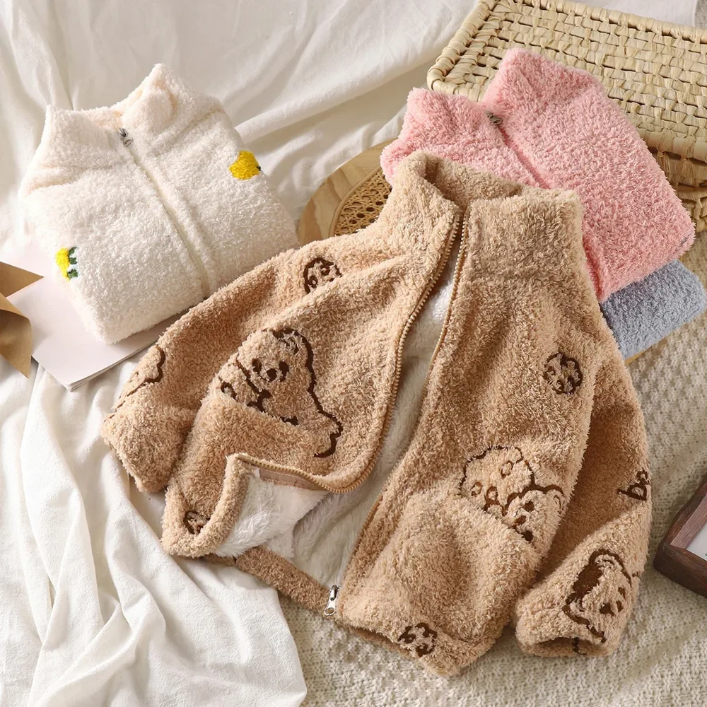 Kids' Coral Fleece Cartoon Zip Jacket — 6 Colourways — Camel, Pink and Cream, three colourways, flat lay