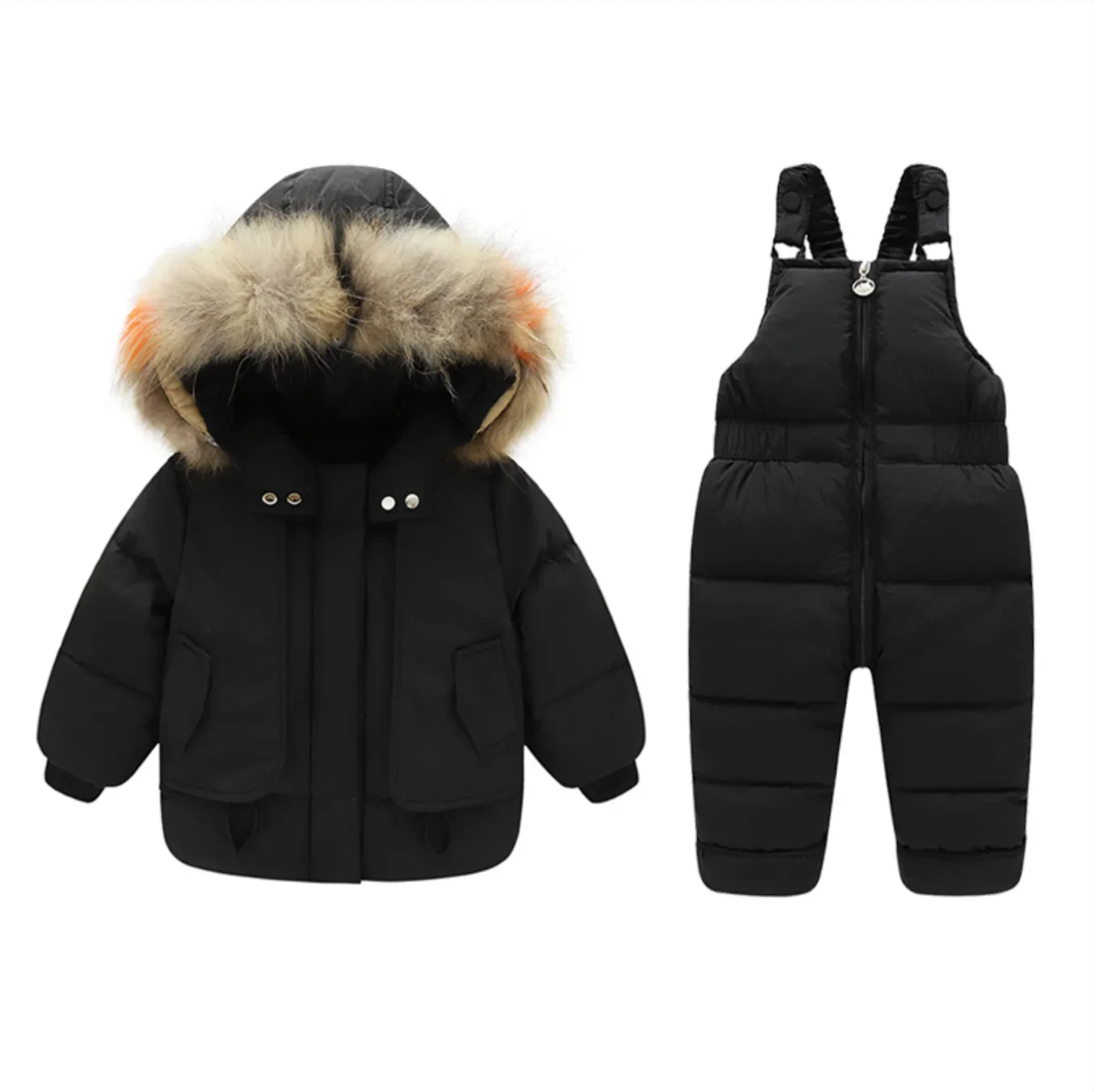 Kids' cotton-padded two-piece set — Black, jacket & bib pants