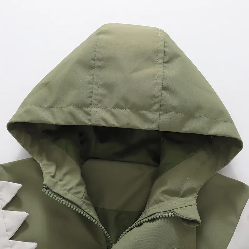 Kids' Dinosaur Colour-Block Jacket — Green, hood close-up
