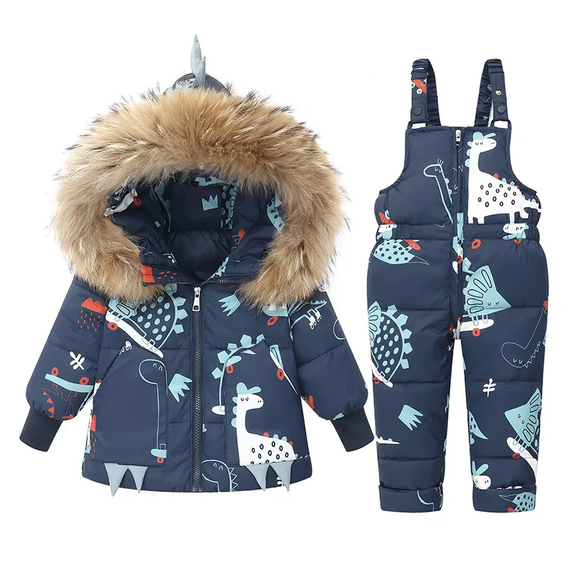 Kids' dinosaur down jacket and bib pants set — Navy Dinosaur Print, full set front