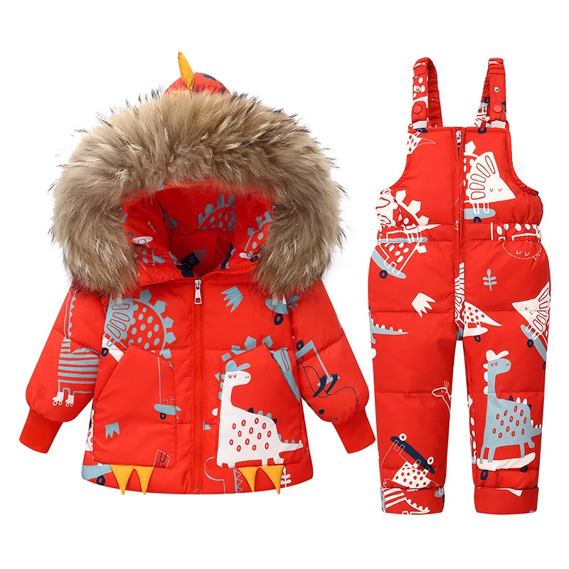 Kids' dinosaur down jacket and bib pants set — Red Dinosaur Print, full set front