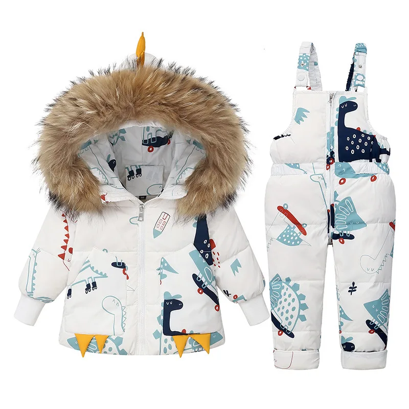 Kids' dinosaur down jacket and bib pants set — White Dinosaur Print, full set front