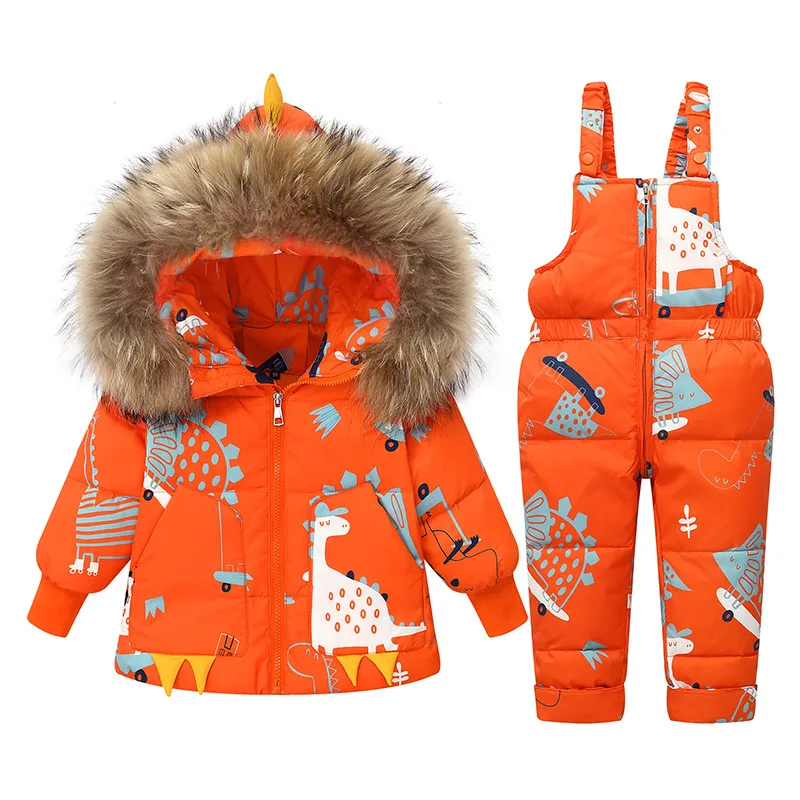 Kids' dinosaur down jacket and bib pants set — Orange Dinosaur Print, full set front