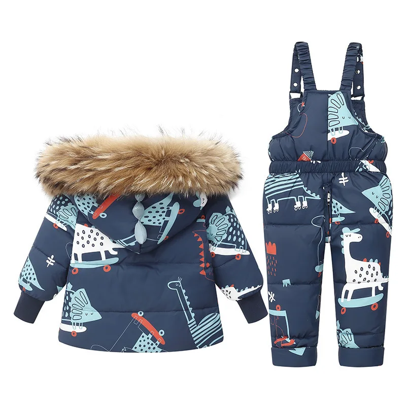 Kids' dinosaur down jacket and bib pants set — Navy Dinosaur Print, jacket back