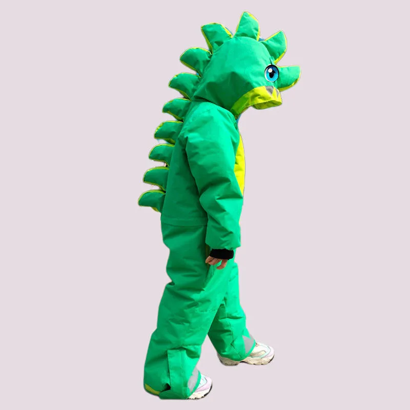 Kids' dinosaur one-piece ski suit — Green, side