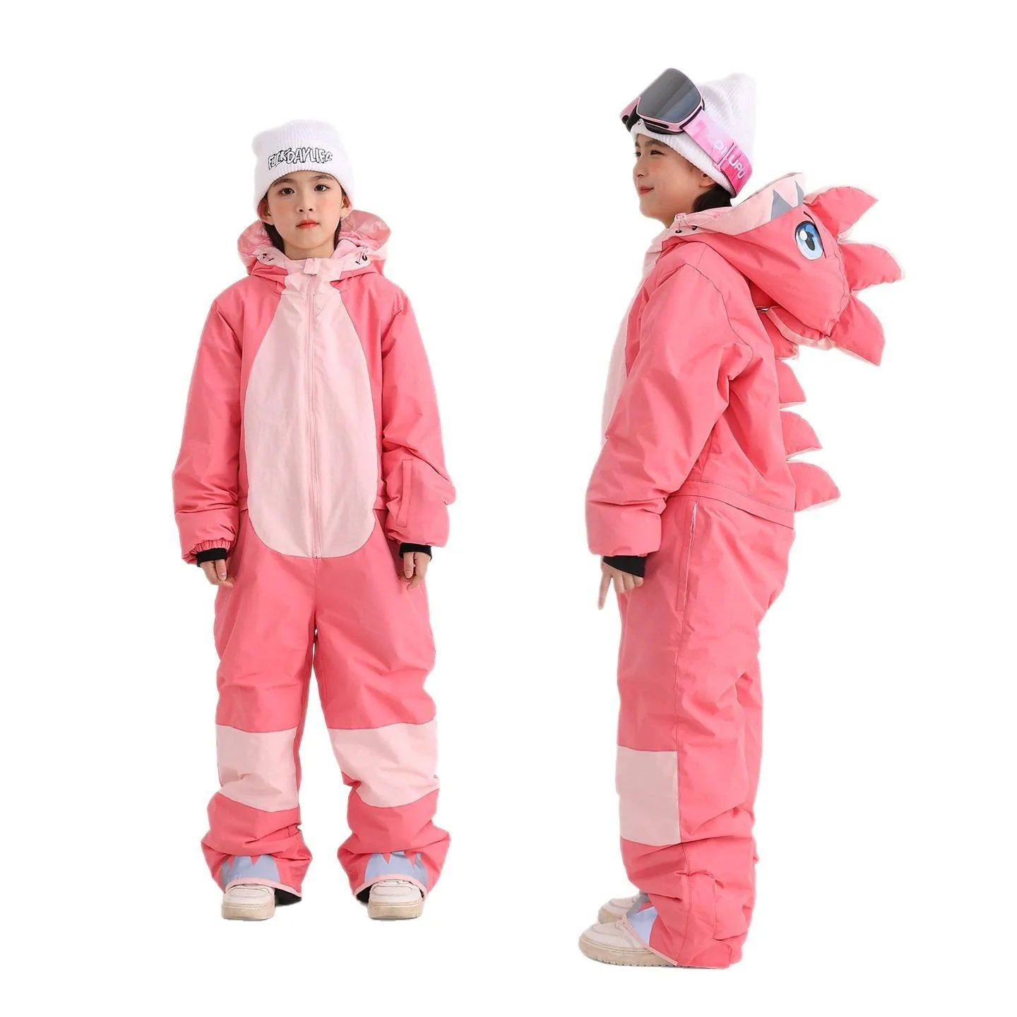 Kids' dinosaur one-piece ski suit — Pink, front and back detail