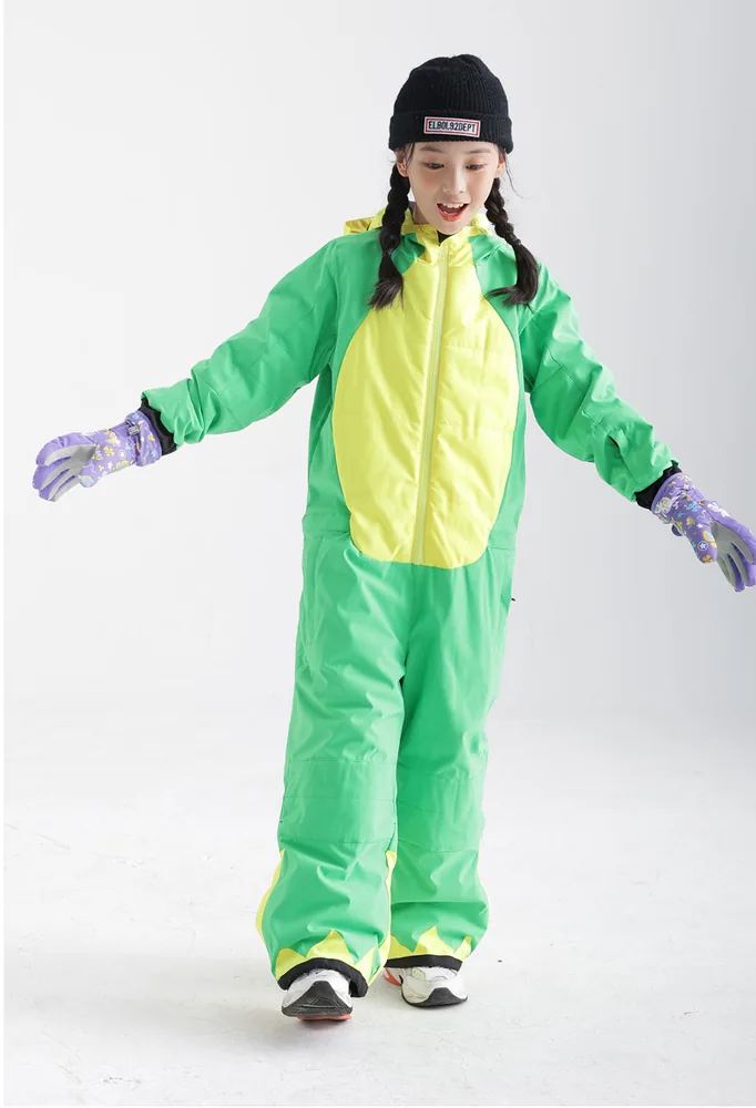 Kids' animal one-piece ski suit — Green Dinosaur