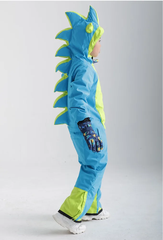 Kids' animal one-piece ski suit — Blue Dinosaur