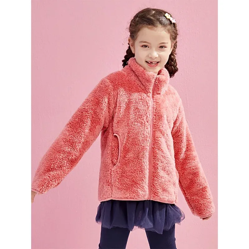 Kids' Double-Sided Coral Fleece Jacket — 5 Colourways — Coral, worn, front view