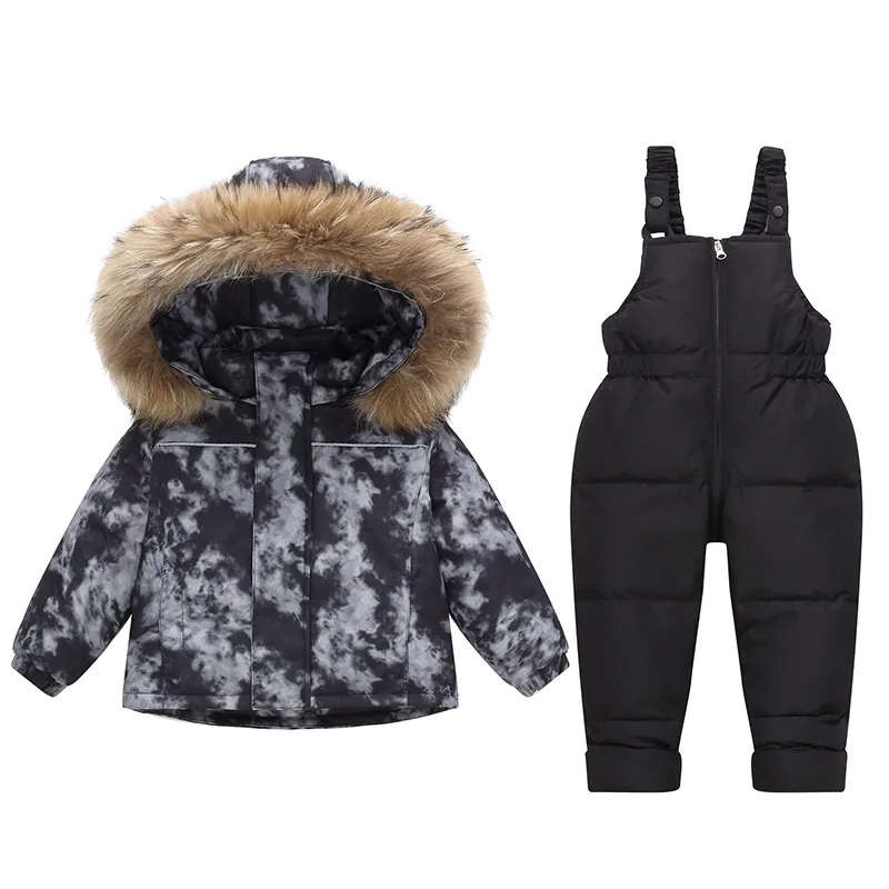 Kids' down jacket & bib pants set — Black Tie-Dye