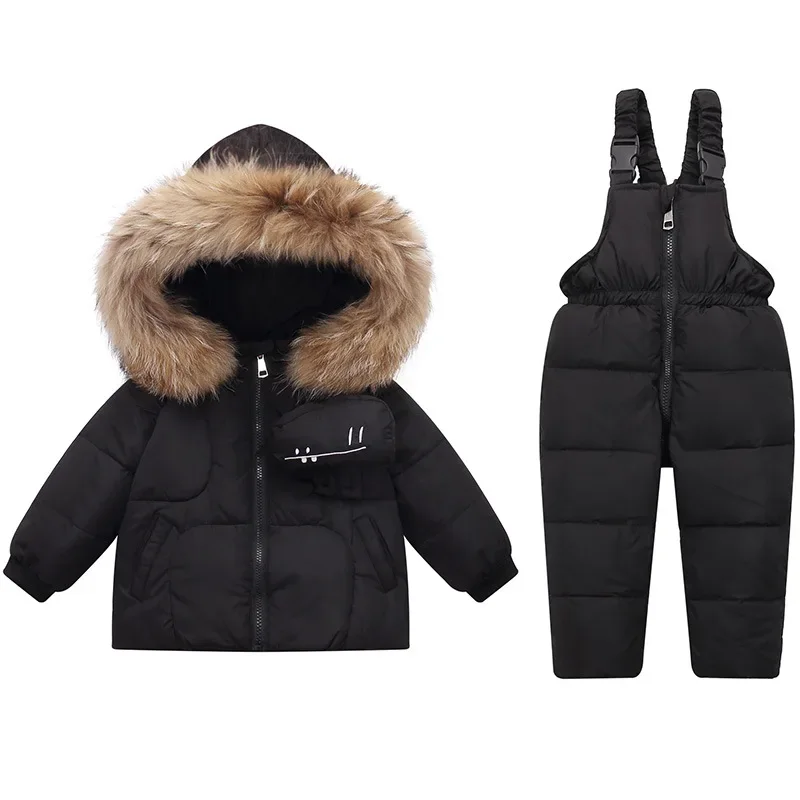 Kids' down jacket ski suit with fur collar — Black, jacket & bib pants