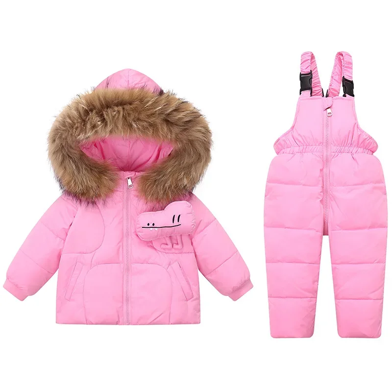 Kids' down jacket ski suit with fur collar — Pink, jacket & bib pants