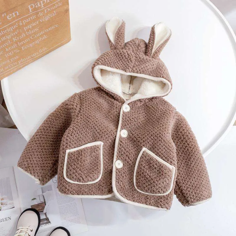 Kids' Lamb Fleece Jacket with Ear Hood — 2 Colourways — Brown, flat lay