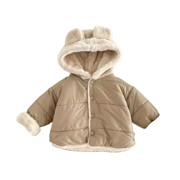 Kids' Fleece-Lined Bear-Ear Hooded Jacket — Khaki — Khaki, front view